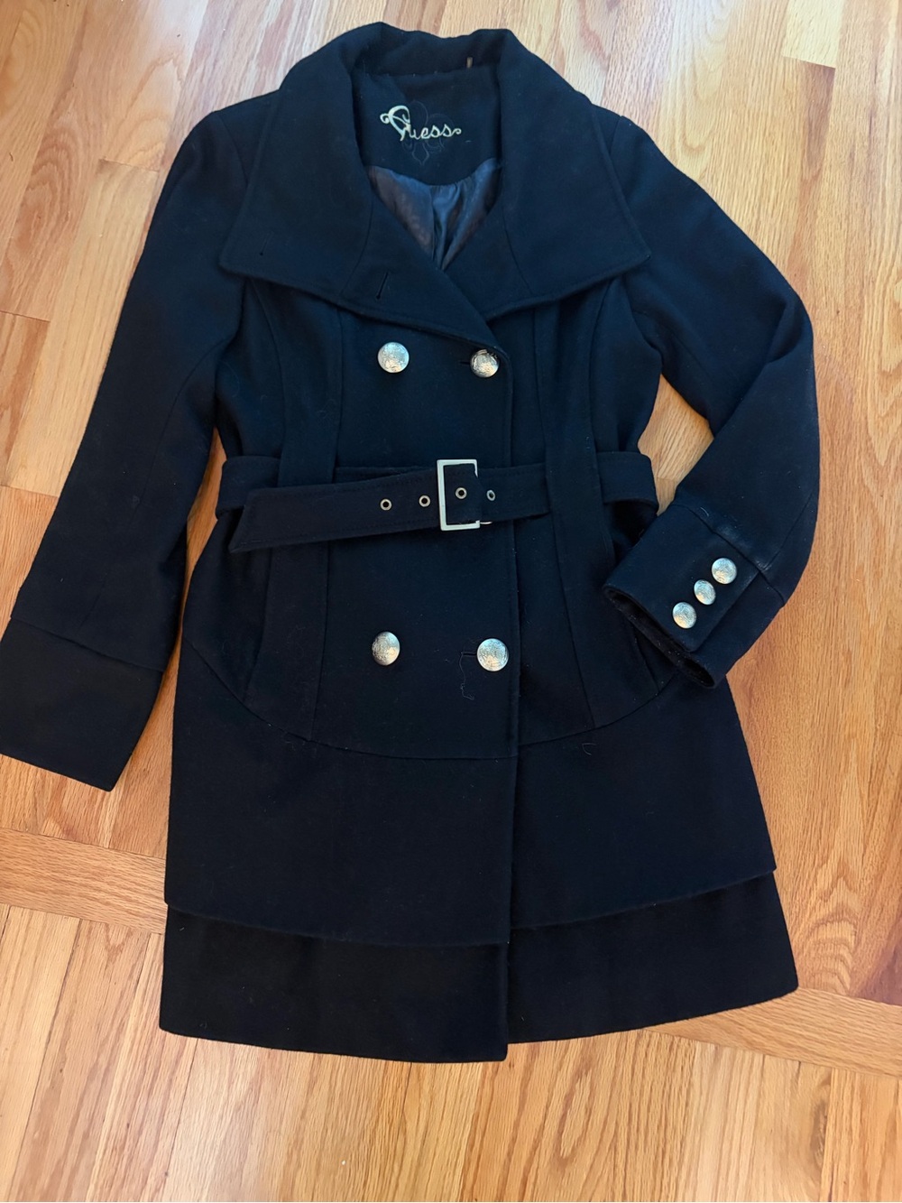 Guess Black Double-Breasted Pea Coat with Belt